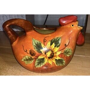 Beautiful Orange Rooster Tea Pot Hand Painted ,Retired Design, Sunflower themed